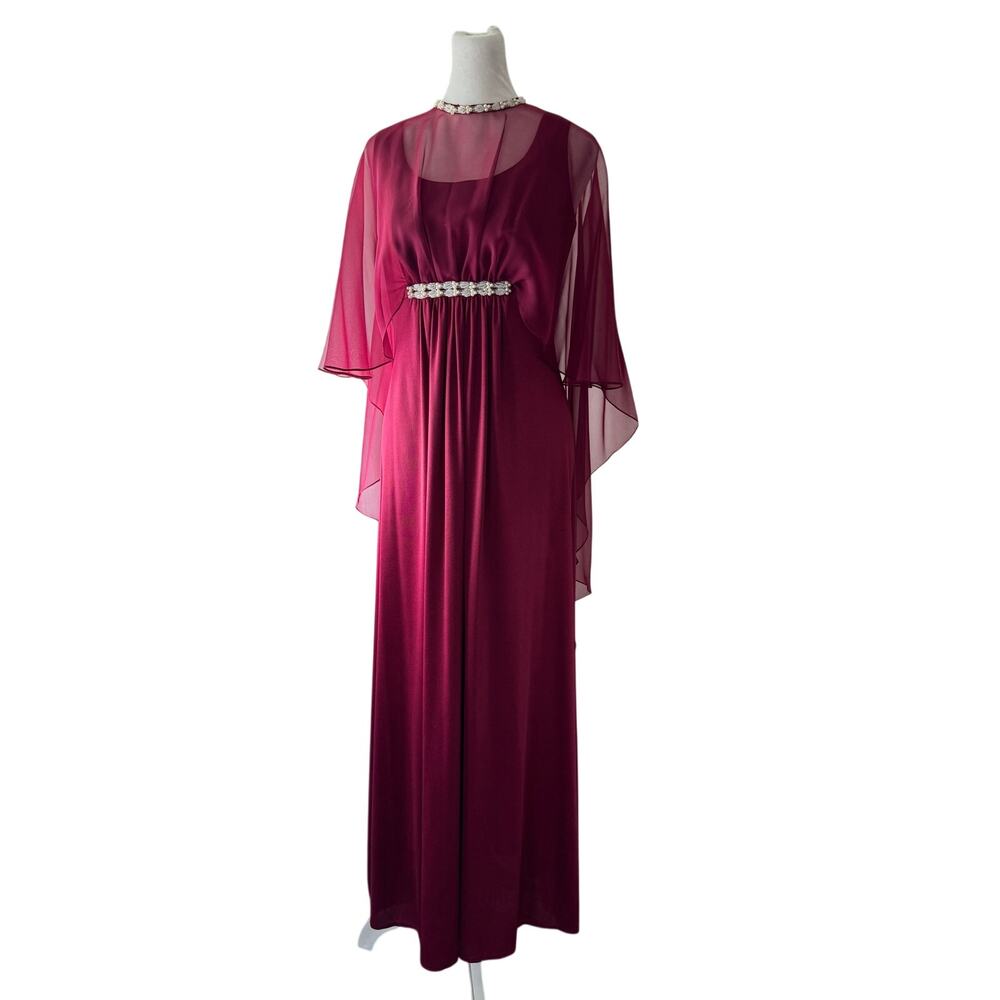 Vintage ‘70s Emma Domb Crimson Beaded Maxi Dress w/ Sheer Overlay